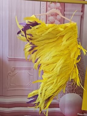 Vibrant Yellow Feather DRESS with Purple Accents